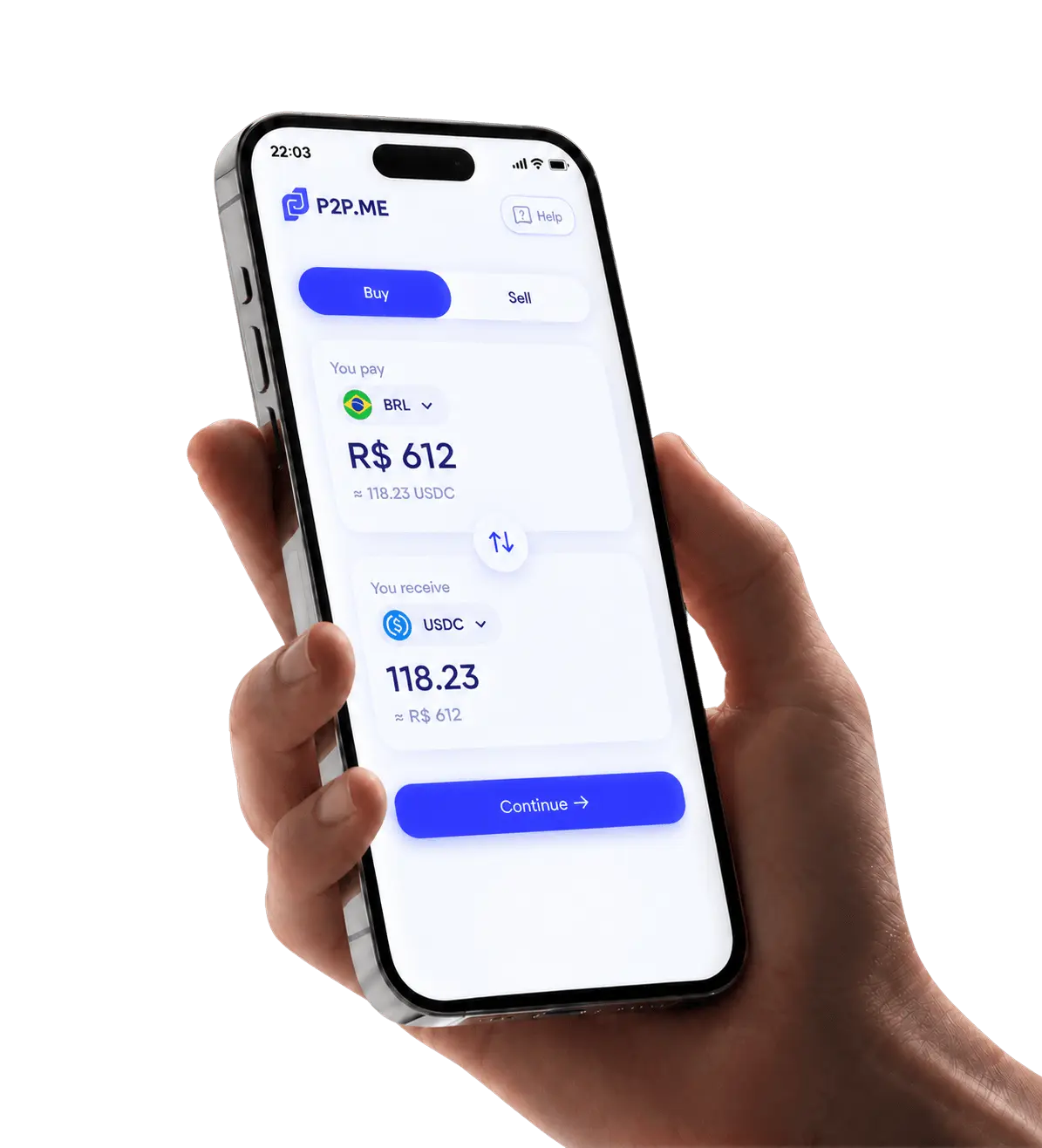 App P2P.me mostrando uma troca de moeda local para USDC
