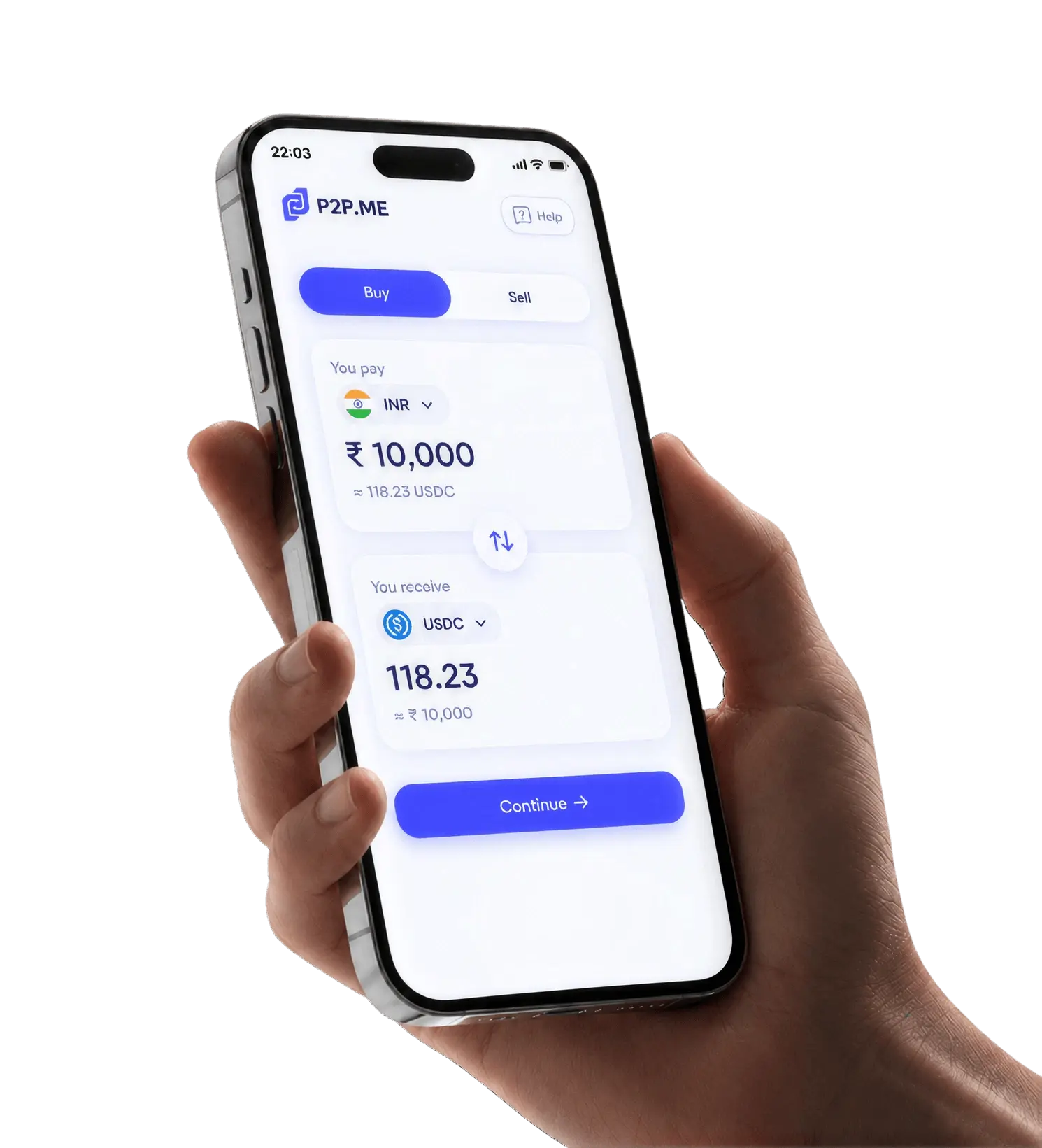P2P.me app showing a swap from local currency to USDC